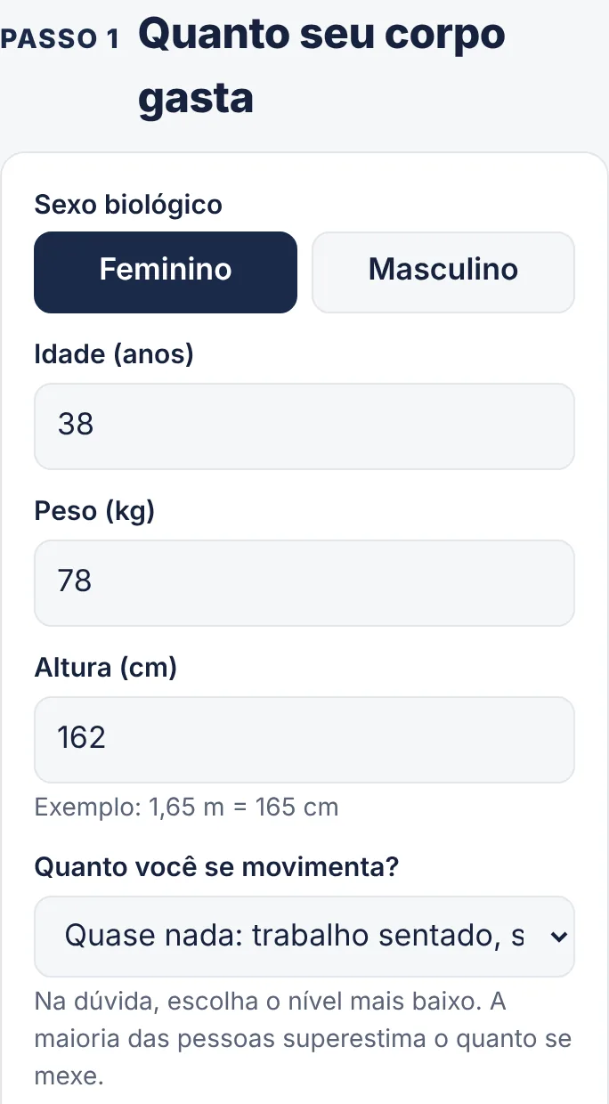 Tela da calculadora mostrando metabolismo basal e gasto total do dia